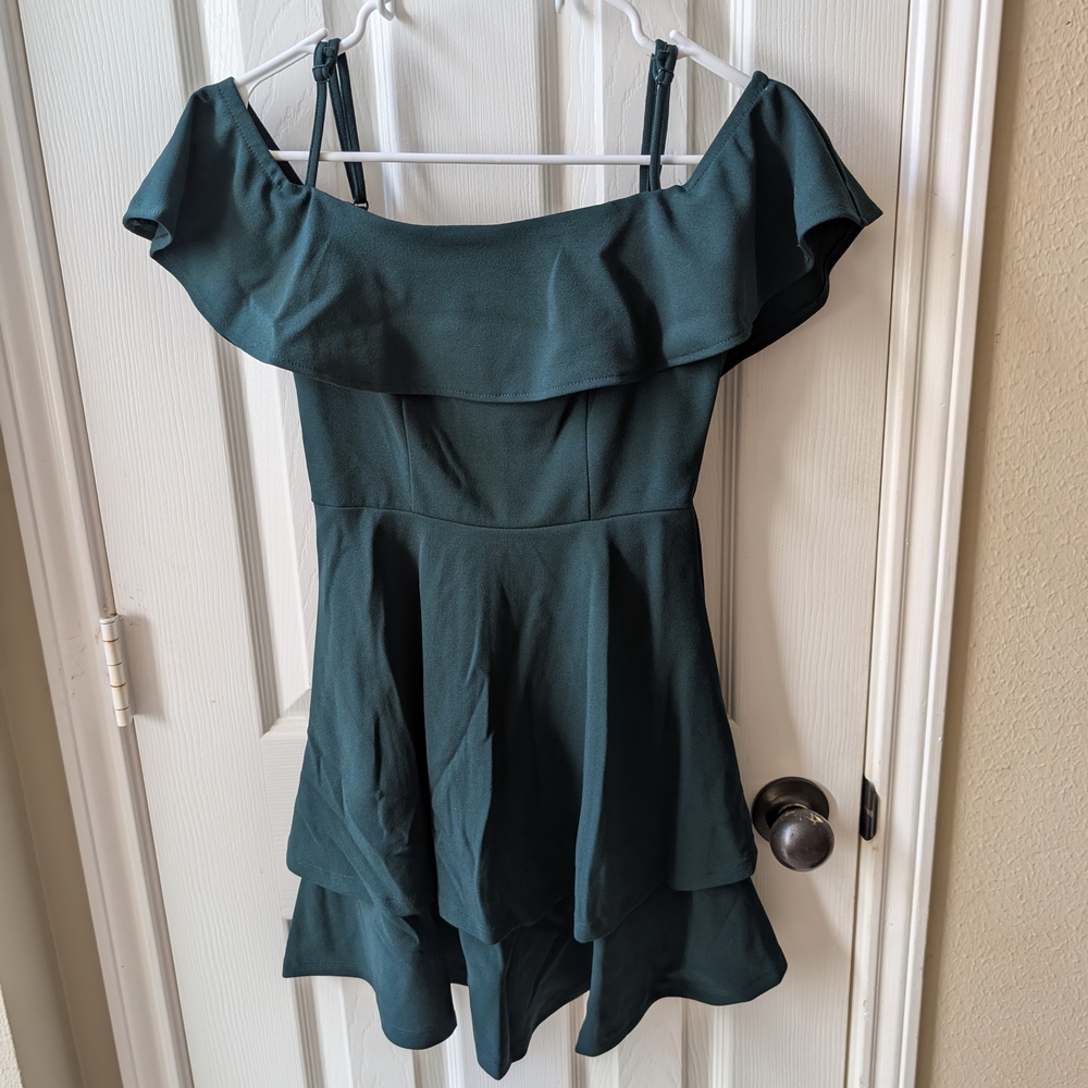B Darlin Dark Green Off-Shoulder Mini Dress